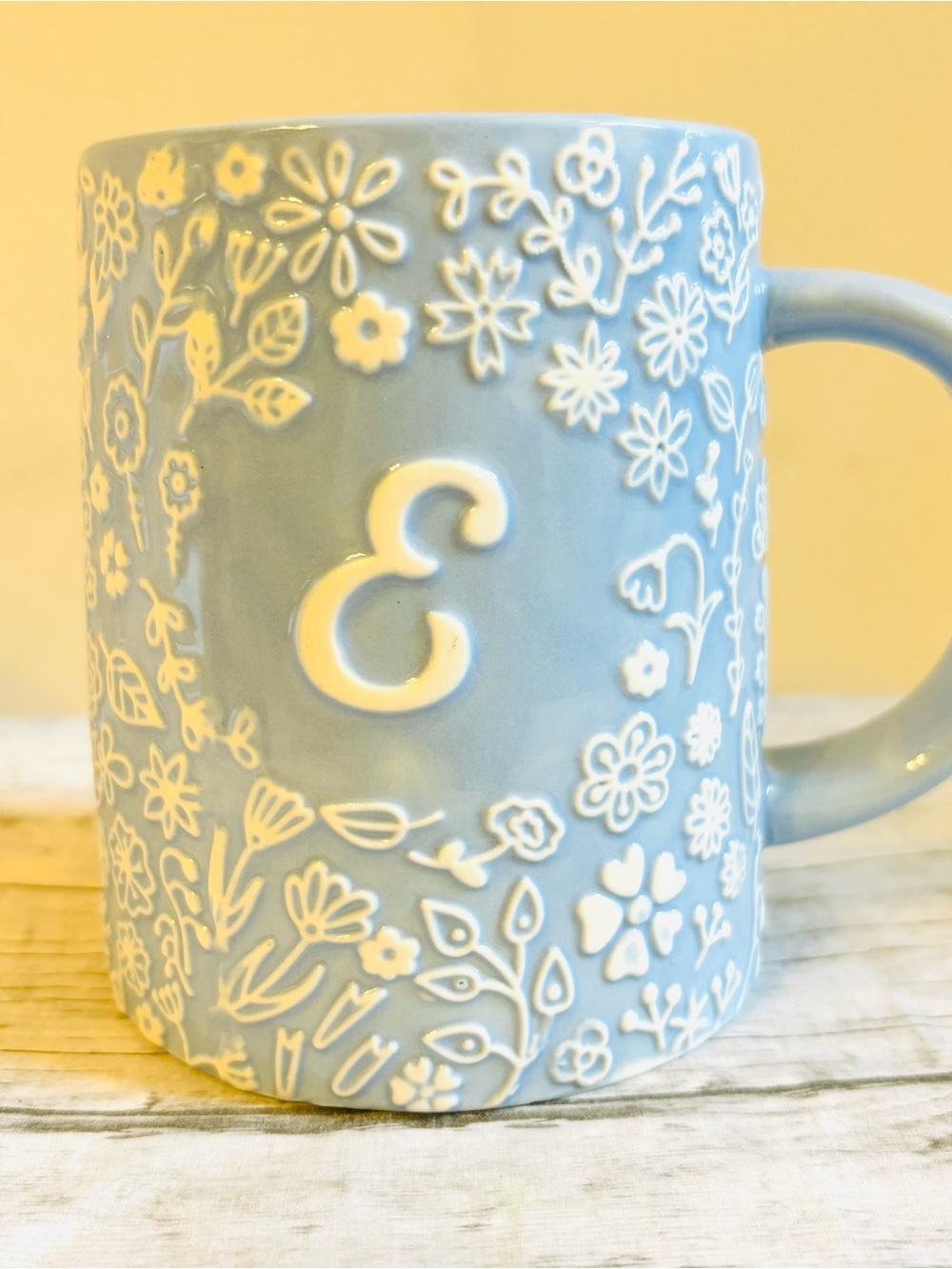 Modern Expressions Pastel Blue/White Floral Embossed Monogram "E" Ceramic Mug